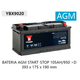 YBX9020 12V 105Ah 950A Yuasa AGM Start Stop Plus 393 x 175 x 190 mm